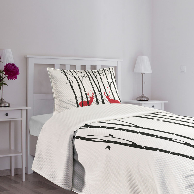 Twin White Quilted Bedspread Set with Red Deer Design