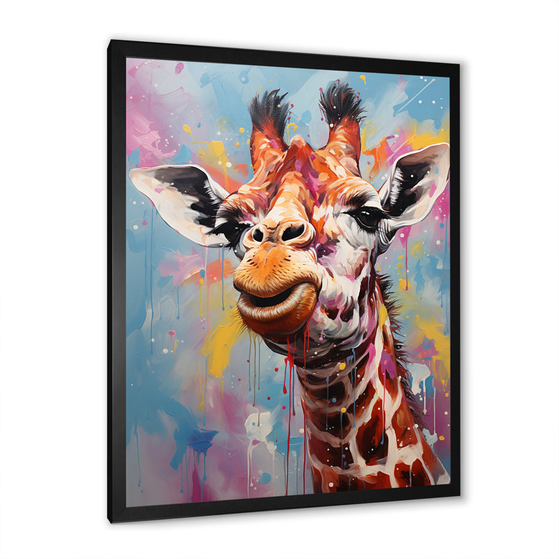 Popart Art, girafe multicolore Grace IV, reproduction sur toile, Cadre simple noir, H 32 po x l 16 po x P 1 po