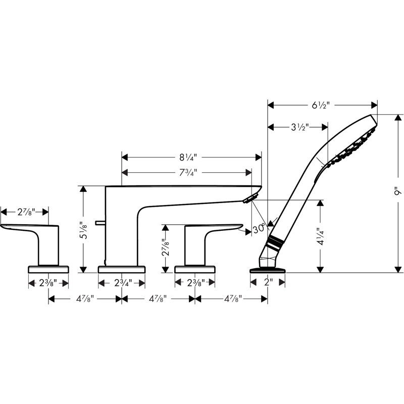Talis E Double Handle Deck Mounted Roman Tub Faucet Trim with Diverter and Handshower, Chrome
