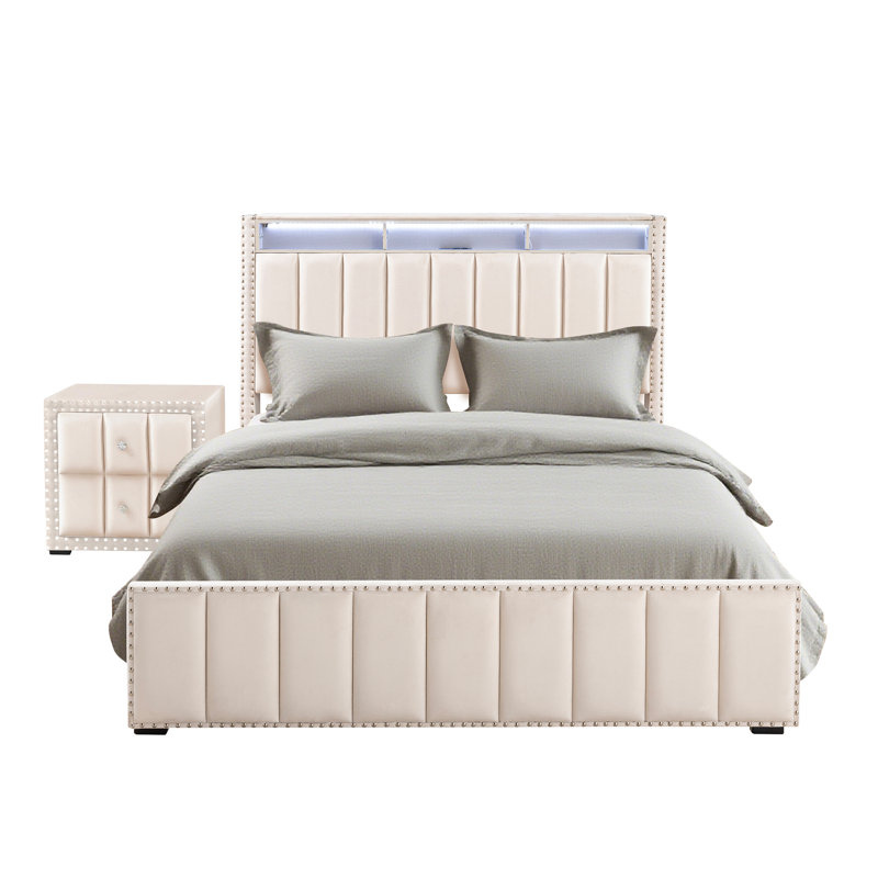 Ensemble de chambre à coucher 2 pièces, cadre de lit rembourré avec station de charge, lumière DEL et table de chevet, Beige
