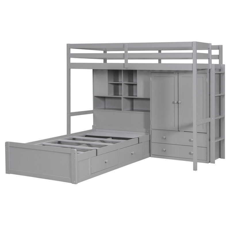 Lit superposé simple avec tiroirs, garde-robe, tablettes de rangement et lit hydraulique, gris, Gris