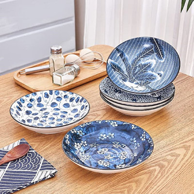 Ceramic Salad Bowls,blue And White Pasta Bowls Set Of 6,8 Inch Floral Dinner Shallow Bowl (8 Inch X 6pcs)