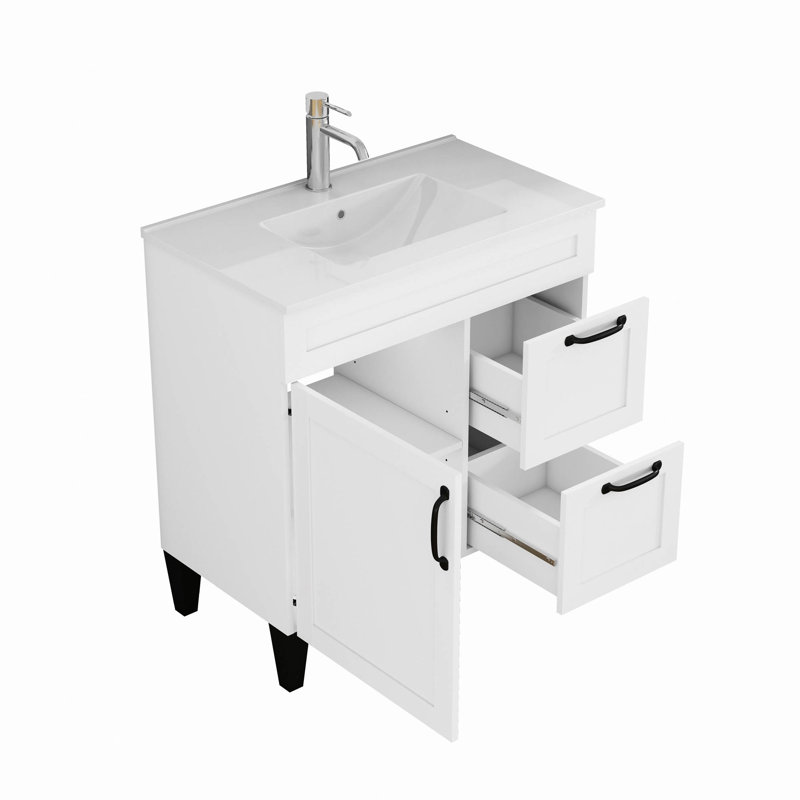 Ensemble de meuble-lavabo 31,5 po avec lavabo, armoire avec 1 porte et 2 tiroirs, poignée en métal noir, pieds noirs, charnière à fermeture en douceur, armoire de salle de bain Mordern, lavabo en céramique, assemblage facile