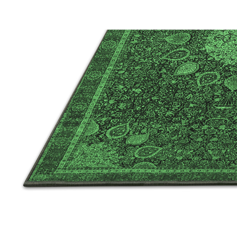 Tapis oriental en laine / polyester tissé à la machine en vert / noir, Rectangle 2 pi x 3 pi
