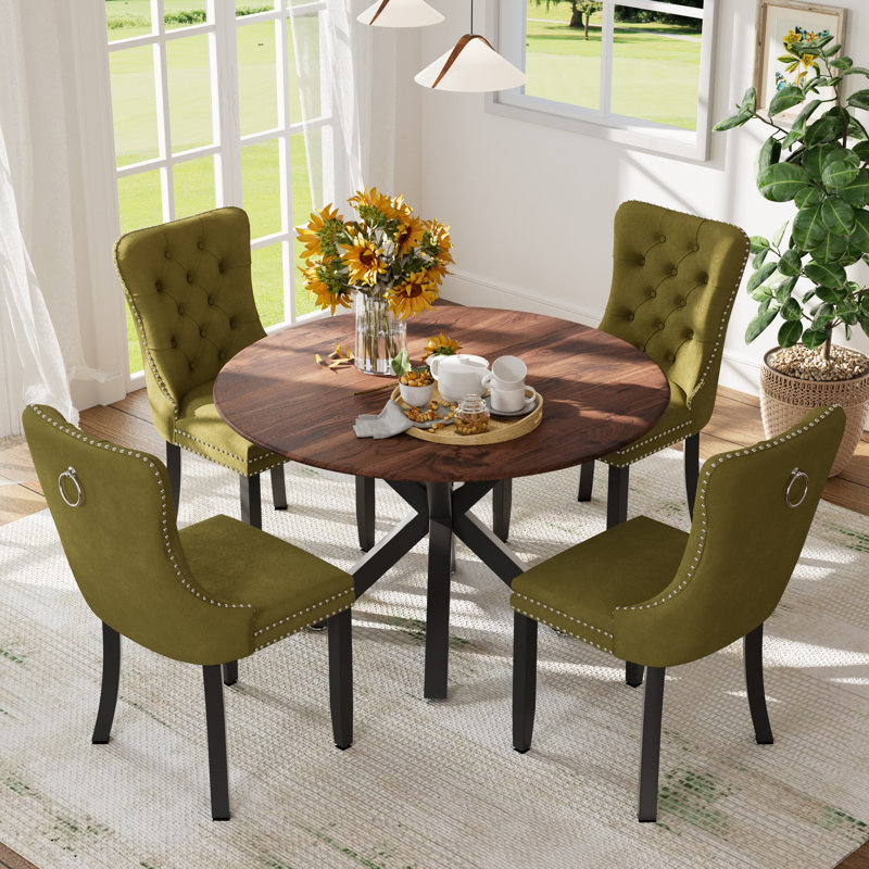 Ensemble de table et chaises de cuisine rondes pour 4, Brun, Vert olive / noir