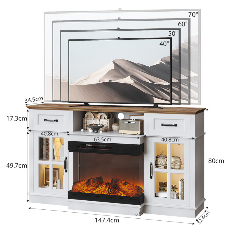 Farmhouse White 58'' TV Stand For Tvs Up To 70'' With Electric Fireplace And Adjustable Shelves With Glass Door, White