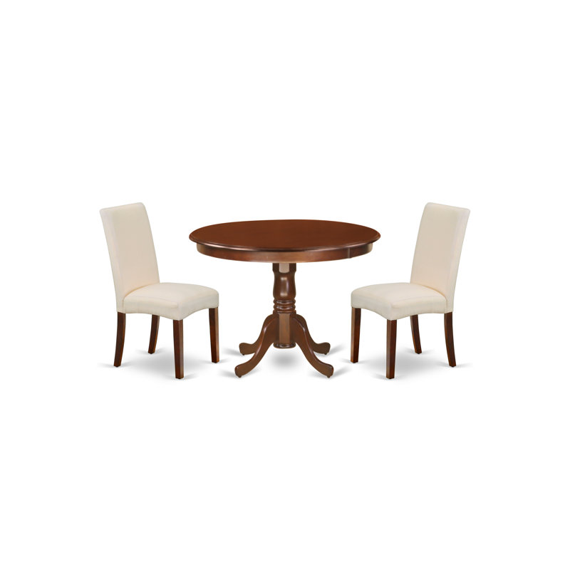 3 Piece Modern Dining Table Set Contains a Round Wooden Table with Pedestal and 2 Cream Linen Fabric Parson Dining Chairs, Mahogany