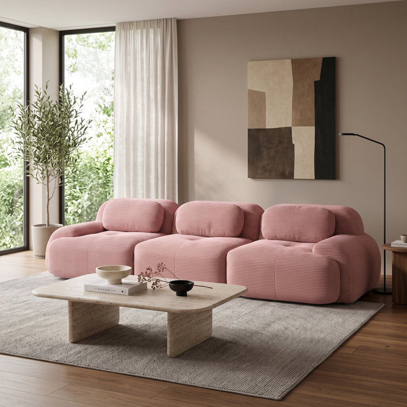 Canapé modulaire rose 3 places en velours côtelé, profil bas, avec coussins moelleux et accoudoirs incurvés, 3 Seat