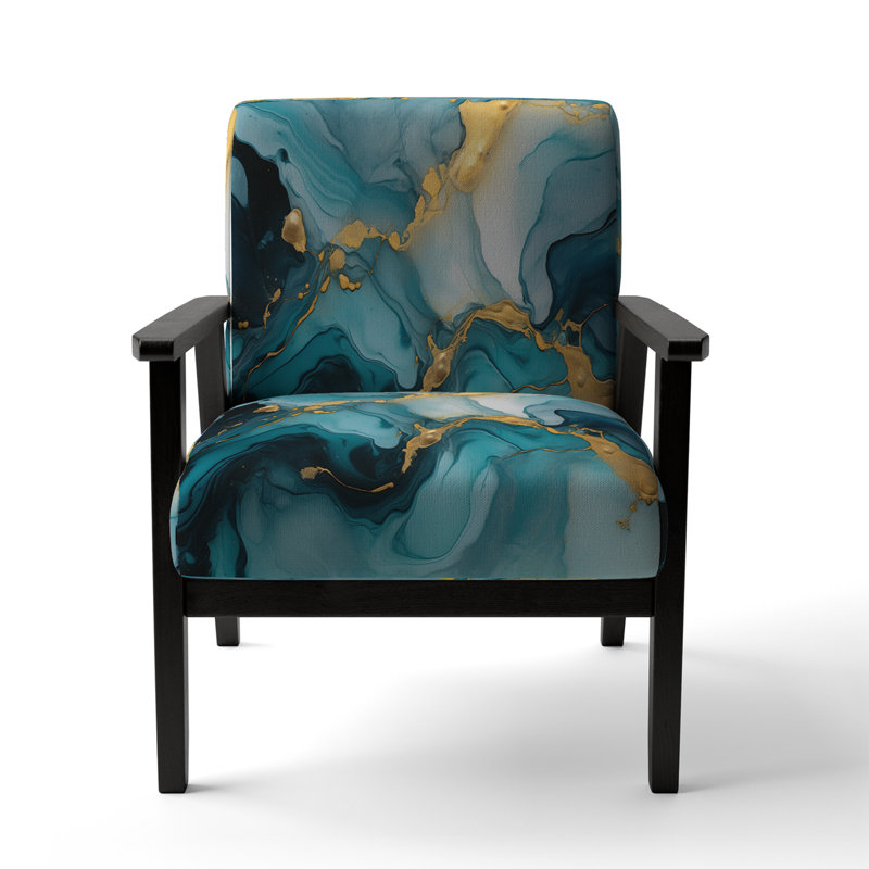 Fauteuil Berdahl, Turquoise / polyester doré, Accoudoirs carrés noirs