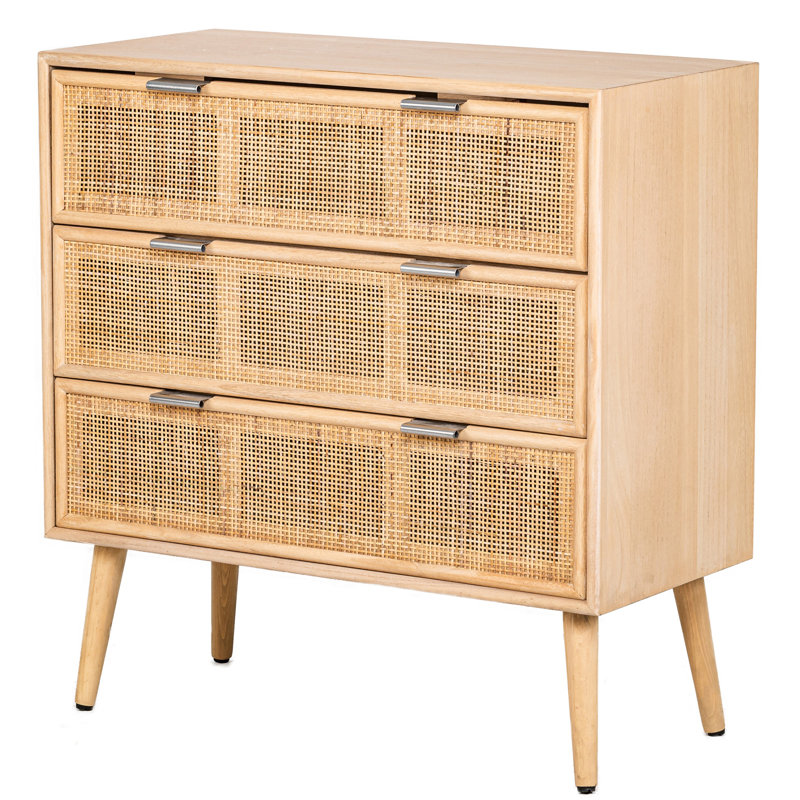 Chariel 3-Drawer Wooden and Natural Rattan Dresser