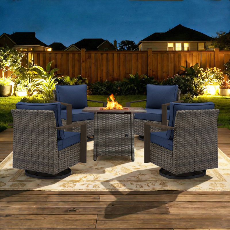 Ensemble de conversation 5 pièces pour chaise de patio moderne avec foyer, Bleu, Gris