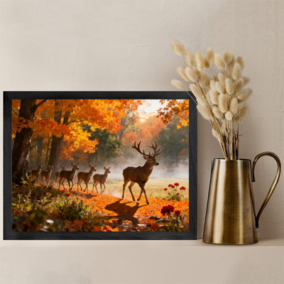 Reproduction d'art encadrée noire rétro «The Herd of Deer in the Autumn Forest»