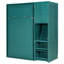 Lit simple bleu sarcelle rotatif avec plan de rangement pour bibliothèque, solution de rangement pour armoire supérieure, surface de travail escamotable et compartiments latéraux à l'ombre, bibliothèque intégrée, boîte dissimulée intégrée, zone extensible
