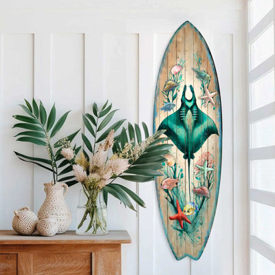Manta Ray Surfboard Wall Art - Handcrafted Coastal Ocean Decor By G.Debrekht - Underwater Sea Life Beach House Accent