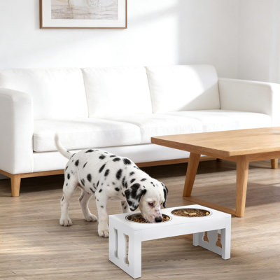 Raised Dog Food Stand With 2 Stainless Steel Bowls, Promotes Comfort For Pets, White , Non - Slip Bowls Stand, Removable Improves Mealtime Experience,