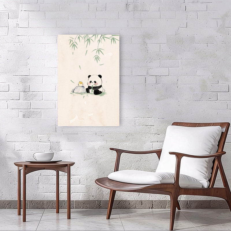 Mignon panda bambou pacifique serein, paisible, bambou, oiseau, panda, forêt, art mural, H 36 po x l 24 po