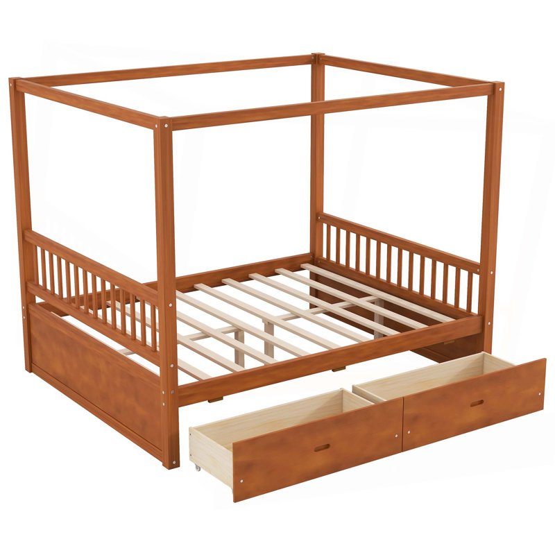 Wooden Canopy Bed with Storage Drawers, Queen, Walnut