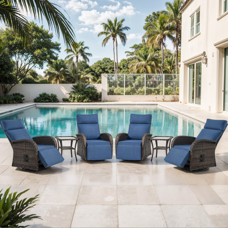 Arcturus Patio Recliner Swivel Chair With Adjustable Backrest & Footrest, All-Weather Outdoor Chaise Lounge Chair Set Of 4 With 2 Side Table