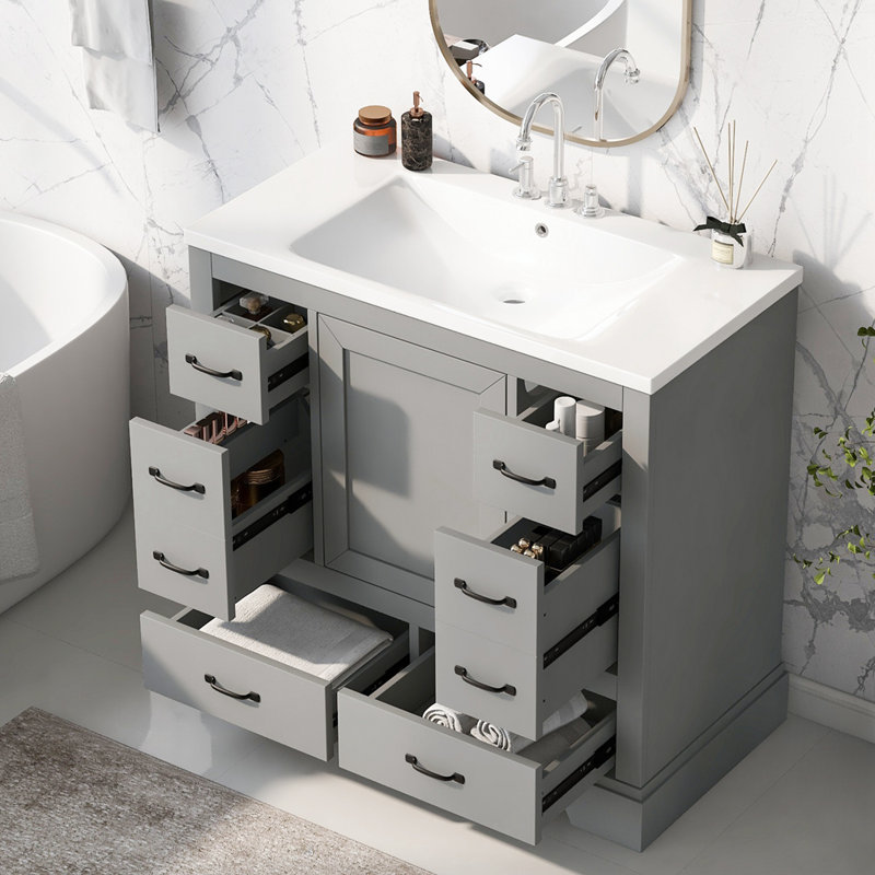 Meuble-lavabo simple avec plateau en céramique Filipp, Gris