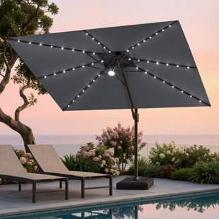 12' X 9' Rectangular Patio Cantilever Solar Led Light Umbrella With Weighted Base