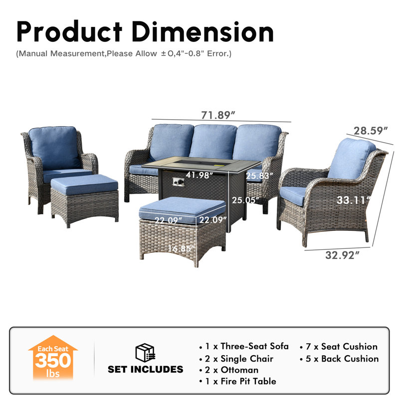 Wicker/Rattan 5 - Person Seating Group With Cushions, Gray Frame/Blue Cushion