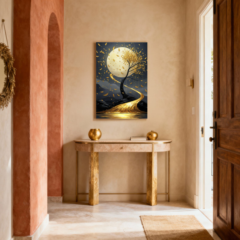 Ensemble de 1 tableau sur toile tendue « Lune dorée et arbre », H 18 po x l 12 po