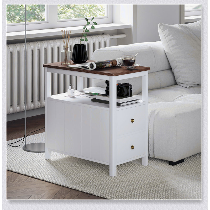 Table de bout moderne avec station de charge et ports USB, table d'appoint étroite avec tiroirs et tablette pour le salon, blanc