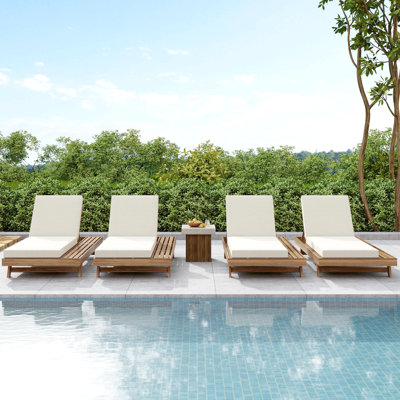 Lounge Chaise Set, Space Available On One Side, Acacia Wood In Light Brown With Water-Resistant Lounge Cushions (Cream & 4 Inch Thick)