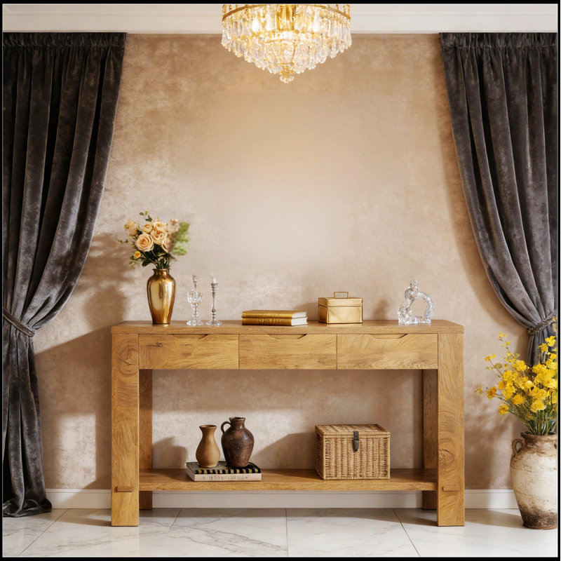Console authentique avec placage en chêne naturel, parfaite pour le vestibule et l'organisation d'exposition