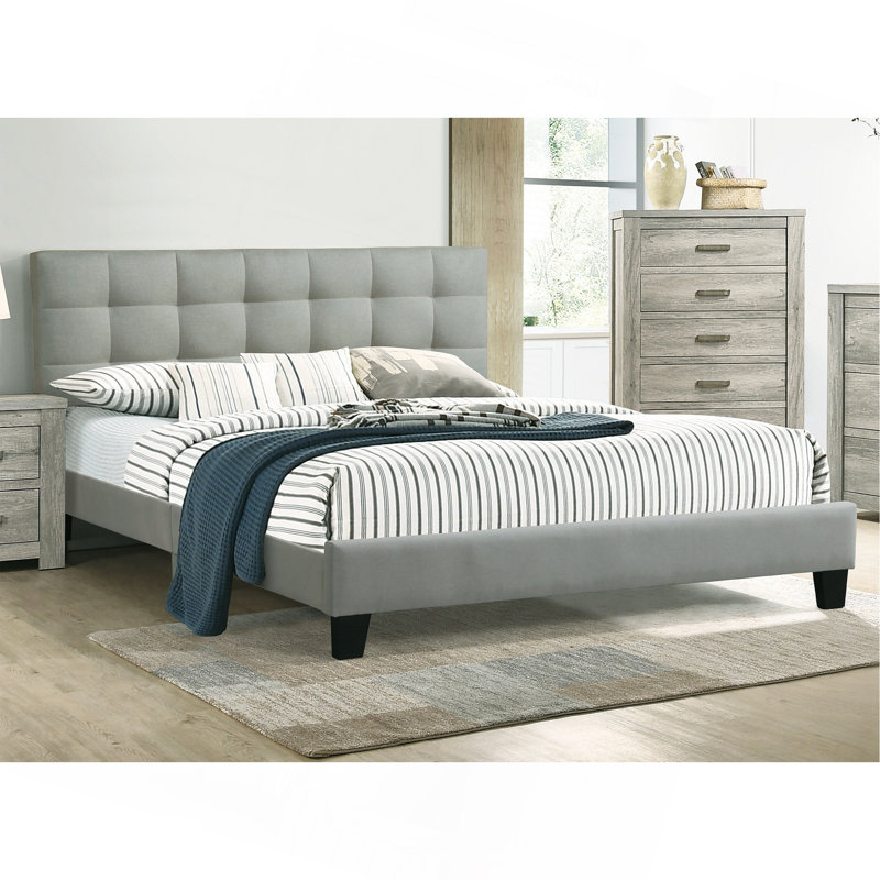 Lit double avec tête de lit tapissier gris anthracite et cadre de lit plateforme durable, Gris anthracite, Lit double