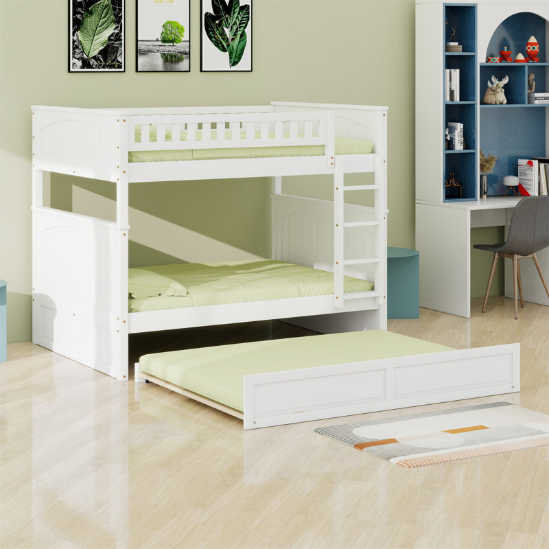 Wood Bunk Bed With Trundle, Guardrails, White