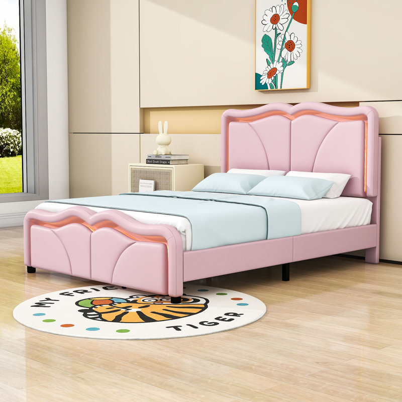 Lit plateforme tapissier à hauteur réglable Noelany avec éclairage DEL, Double, Rose