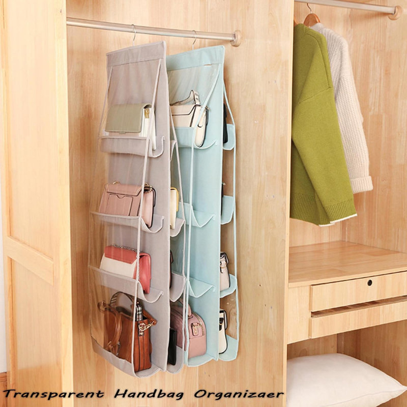 Hanging Handbag Purse Organizer For Closet, Hand Bag Organizer Holder 8 Pockets, Space Saving Wardrobe Purse Storage Organizer For Women, 44.5L X 13.5W (A-Gray)