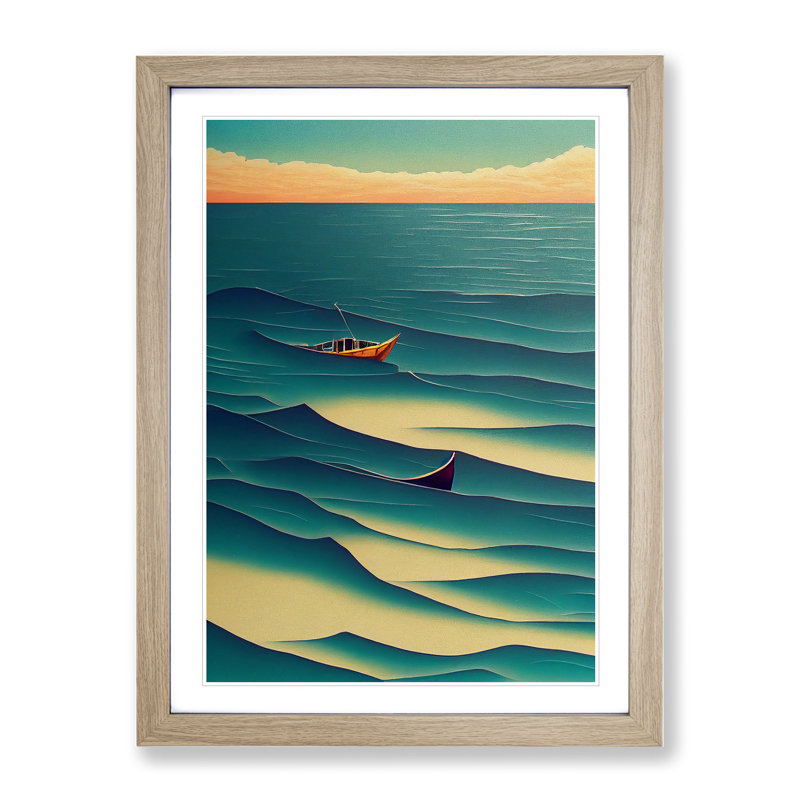 Boat in the Waves - Wall Art, 66cm H x 48cm W x 2cm D, Oak Framed, White