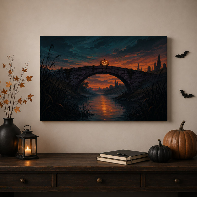 Citrouille lumineuse sur un pont de pierre au coucher du soleil - Toile murale d'Halloween, H 12 po x l 18 po