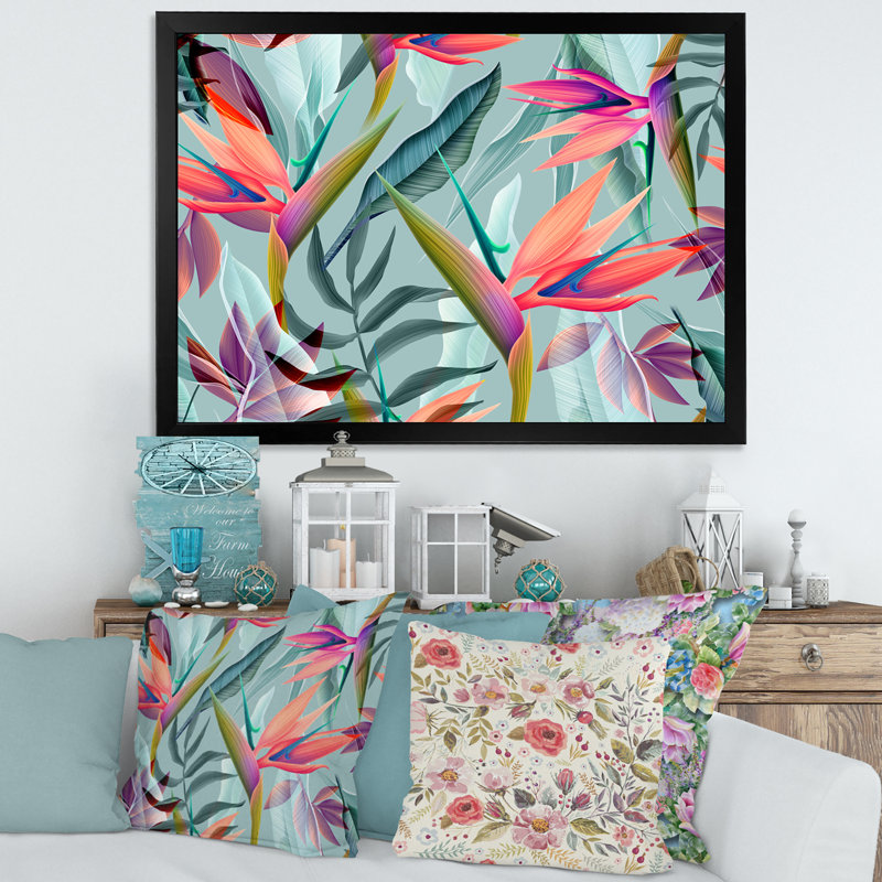 Fleurs tropicales rétro VI - Impression sur toile, Cadre photo noir, H 16 po x l 32 po x p 1 po