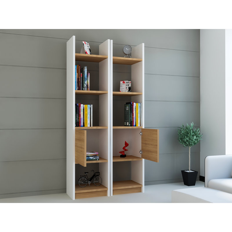 Modern Scandinavian Bookshelf, White & Teak, 26.0 x 59.1 x 11.6 inches | 100% Melamine Coated Particle Board, Thickness: 0.7 inches | Numerous Shelves, Wall-Mountable, Stylish & Functional Design for Home or Office
