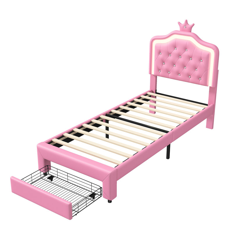 Single Bed with Drawer Storage and LED Headboard, PU Leather Bed Frame with Crown Cloud Design, 90×200, Pink