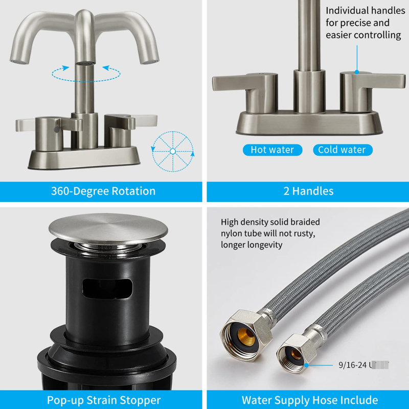 Bathroom Sink Faucet In Brushed Nickel - 4 Inch With 2 Handles And Pop Up Drain Assembly Double Handle Function For