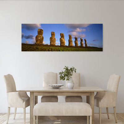 Low angle view of statues in a row Moai Statue Easter Island Chile 1 Piece Wrapped Canvas Panoramic Wall Art