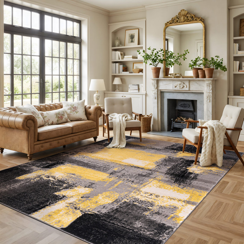 Rambo Performance Abstract Yellow/Black/Gray Area Rug, Rectangle 7'10" x 10'