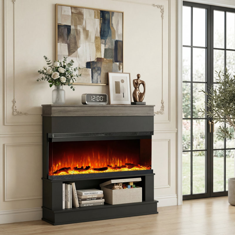 Foyer électrique autoportant noir de 107 cm (42 po) à 3 faces avec manteau et rangement, insert de foyer extra-large, flamme à 12 couleurs, mode flamme seule, chauffage de 1 500 W