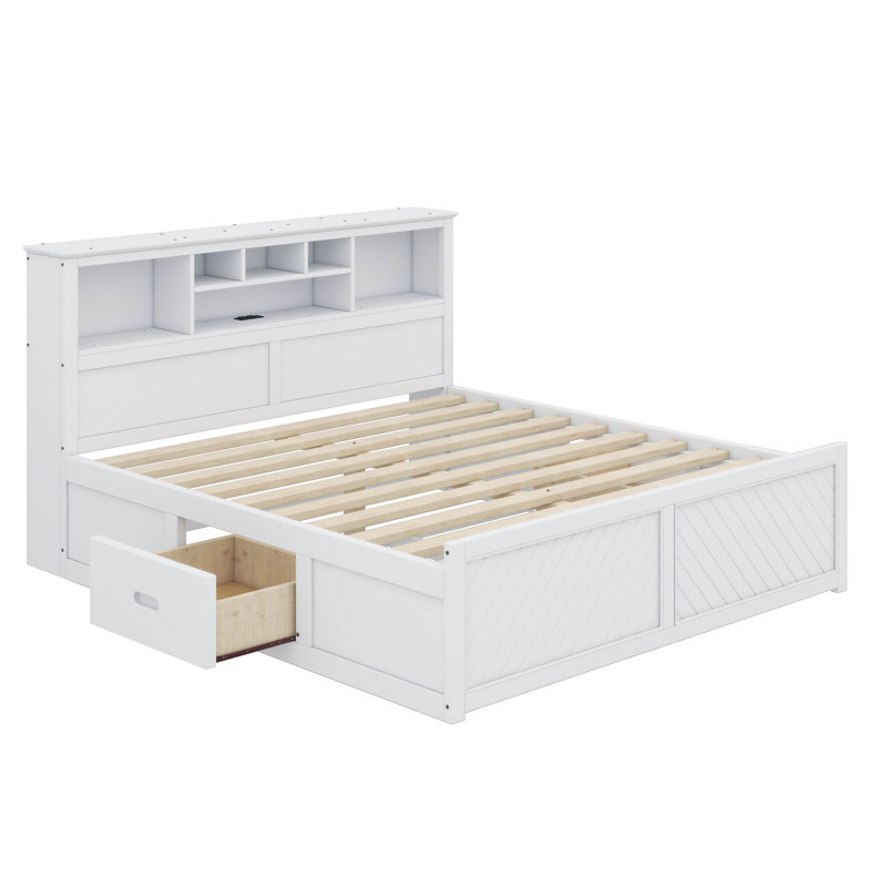 Lit plateforme très grand en bois avec tête de lit multi-rangement, USB et tiroirs, Blanc