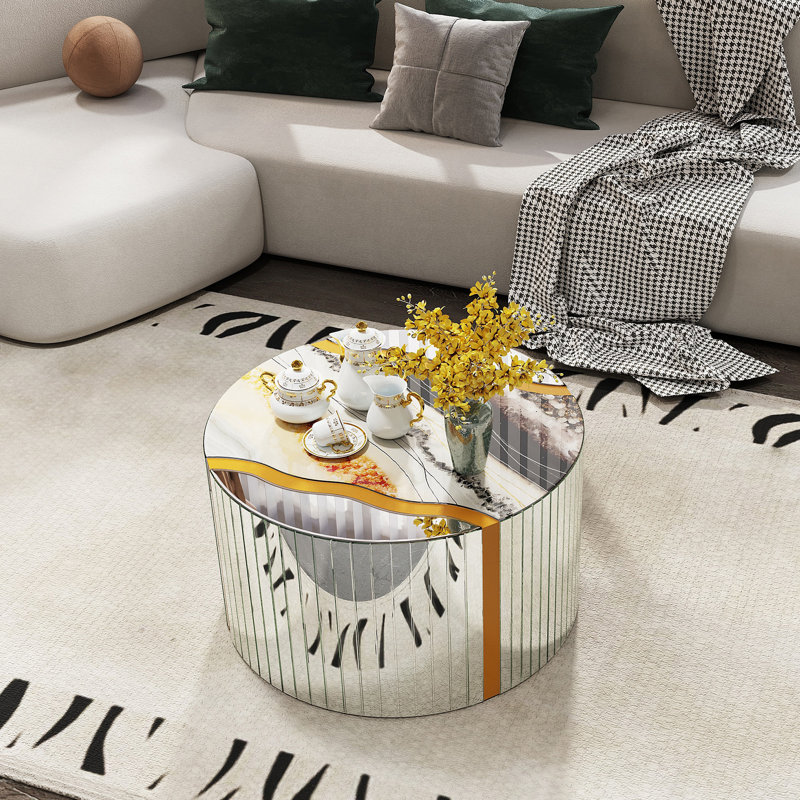 Table basse ronde à miroir cylindrique, Argent / blanc / doré