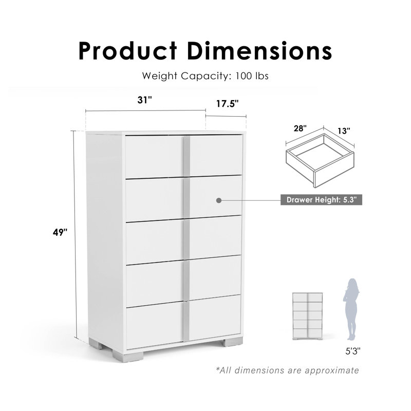 Commode 5 tiroirs Duckworth, Blanc