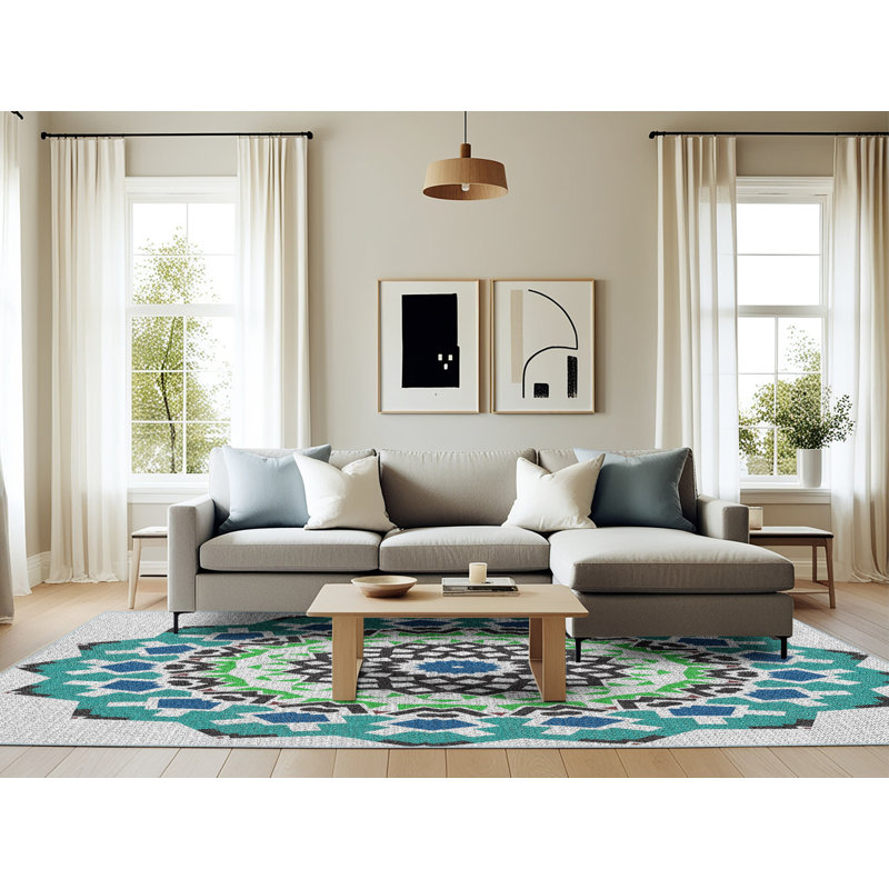 Tapis bleu/vert tissé à la machine, Rectangle 6 pi x 9 pi