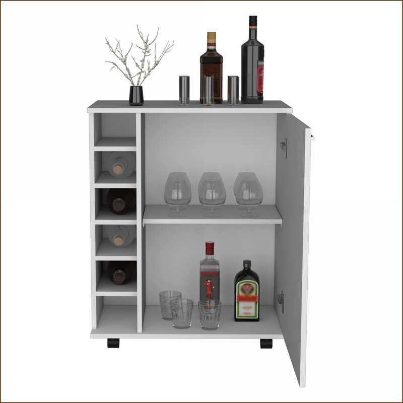 Bar Cart with Wine Storage, Spacious Cabinet &amp; Smooth Rollers | Modern | Engineered Wood, White