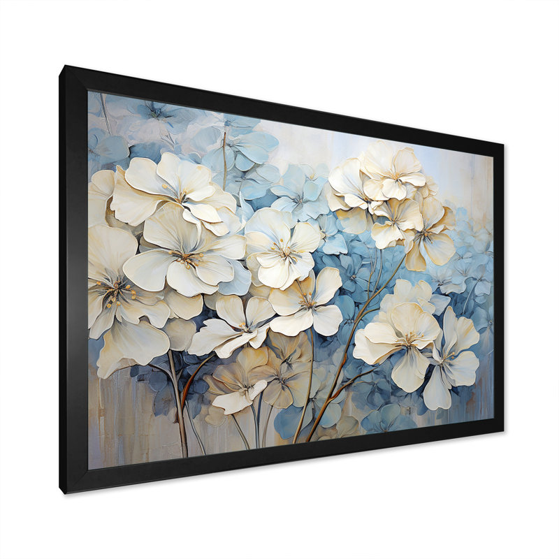 Minimalisme, géraniums blancs et bleus, Cadre simple noir, H 12 po x l 20 po x P 1 po