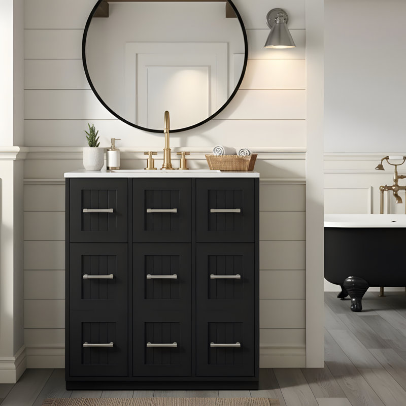 Meuble-lavabo autoportant 30 po avec lavabo en céramique 30 po, Noir, Argent argent