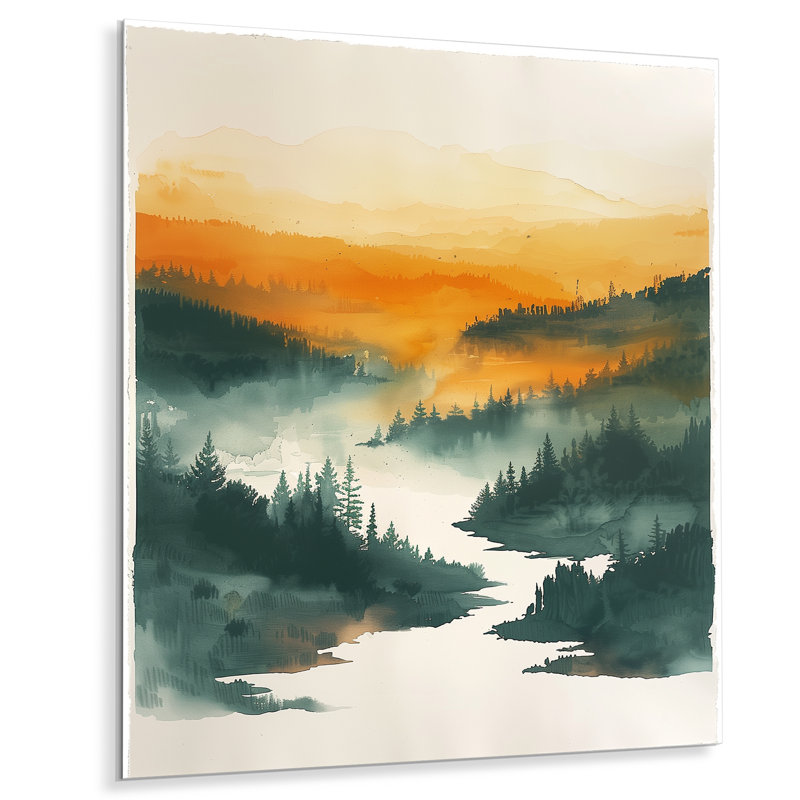 Orange vert forêt sauvage au coucher du soleil IV - forêt, art mural salon, Sans cadre, métal, H 32 po x l 24 po